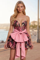 Laden Sie das Bild in den Galerie-Viewer, Schwarzes Rosa Blumen Jacquard Bubble-Hem A-Linie Kurzes Abendkleid mit Schleife