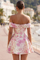 Laden Sie das Bild in den Galerie-Viewer, Rosa Schulterloses Geblümtes A-Linie Kurzes Abendkleid