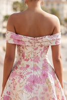 Laden Sie das Bild in den Galerie-Viewer, Rosa Schulterloses Geblümtes A-Linie Kurzes Abendkleid