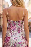 Laden Sie das Bild in den Galerie-Viewer, Glitzernde Silberne Pailletten Florale Bodycon Spaghettiträger Kurzes Abendkleid