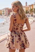 Laden Sie das Bild in den Galerie-Viewer, Champagner Pailletten 3D-Appliquen Tüll Korsett A-Linie Kurzes Abendkleid mit Taschen