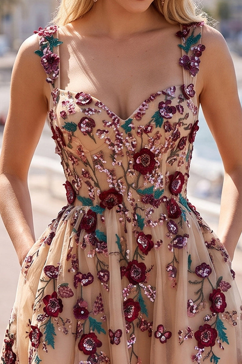 Laden Sie das Bild in den Galerie-Viewer, Champagner Pailletten 3D-Appliquen Tüll Korsett A-Linie Kurzes Abendkleid mit Taschen