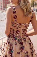Laden Sie das Bild in den Galerie-Viewer, Champagner Pailletten 3D-Appliquen Tüll Korsett A-Linie Kurzes Abendkleid mit Taschen