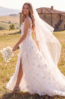 Laden Sie das Bild in den Galerie-Viewer, Weißes A-Linie Scoop 3D Blumen Maxi Korsett Elopement Hochzeitskleid mit Seitenschlitz
