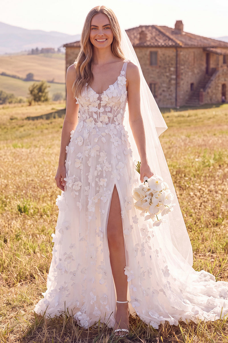 Laden Sie das Bild in den Galerie-Viewer, Weißes A-Linie Scoop 3D Blumen Maxi Korsett Elopement Hochzeitskleid mit Seitenschlitz