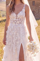 Laden Sie das Bild in den Galerie-Viewer, Weißes A-Linie Scoop 3D Blumen Maxi Korsett Elopement Hochzeitskleid mit Seitenschlitz