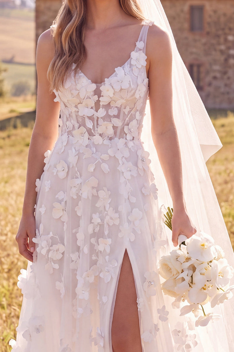Laden Sie das Bild in den Galerie-Viewer, Weißes A-Linie Scoop 3D Blumen Maxi Korsett Elopement Hochzeitskleid mit Seitenschlitz