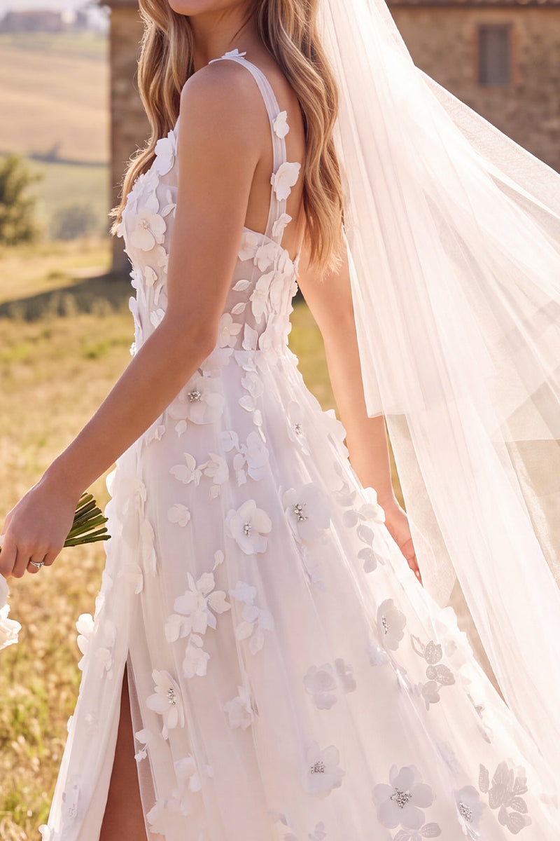 Laden Sie das Bild in den Galerie-Viewer, Weißes A-Linie Scoop 3D Blumen Maxi Korsett Elopement Hochzeitskleid mit Seitenschlitz