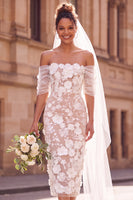 Laden Sie das Bild in den Galerie-Viewer, Weißes Sheath Schulterloses Off-the-shoulder Blumen Midi Elopement Hochzeitskleid
