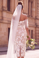 Laden Sie das Bild in den Galerie-Viewer, Weißes Sheath Schulterloses Off-the-shoulder Blumen Midi Elopement Hochzeitskleid