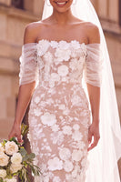 Laden Sie das Bild in den Galerie-Viewer, Weißes Sheath Schulterloses Off-the-shoulder Blumen Midi Elopement Hochzeitskleid