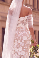 Laden Sie das Bild in den Galerie-Viewer, Weißes Sheath Schulterloses Off-the-shoulder Blumen Midi Elopement Hochzeitskleid