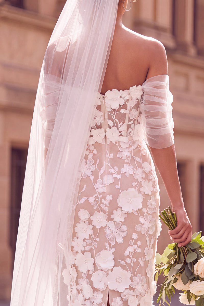 Laden Sie das Bild in den Galerie-Viewer, Weißes Sheath Schulterloses Off-the-shoulder Blumen Midi Elopement Hochzeitskleid