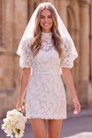 Laden Sie das Bild in den Galerie-Viewer, Weißes Sheath Hochhals Puffärmel Blumen Mini Elopement Hochzeitskleid