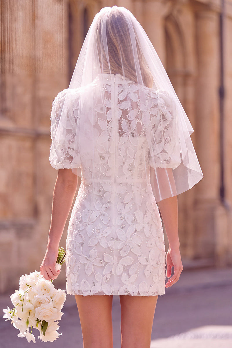 Laden Sie das Bild in den Galerie-Viewer, Weißes Sheath Hochhals Puffärmel Blumen Mini Elopement Hochzeitskleid