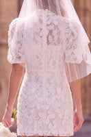 Laden Sie das Bild in den Galerie-Viewer, Weißes Sheath Hochhals Puffärmel Blumen Mini Elopement Hochzeitskleid