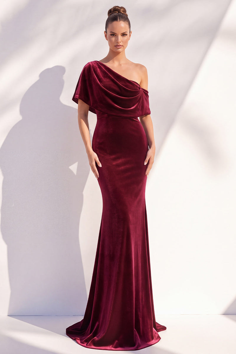 Laden Sie das Bild in den Galerie-Viewer, Burgunderrote Meerjungfrau Geracktes Langes Asymmetrisches Festliches Kleid mit einer Schulter