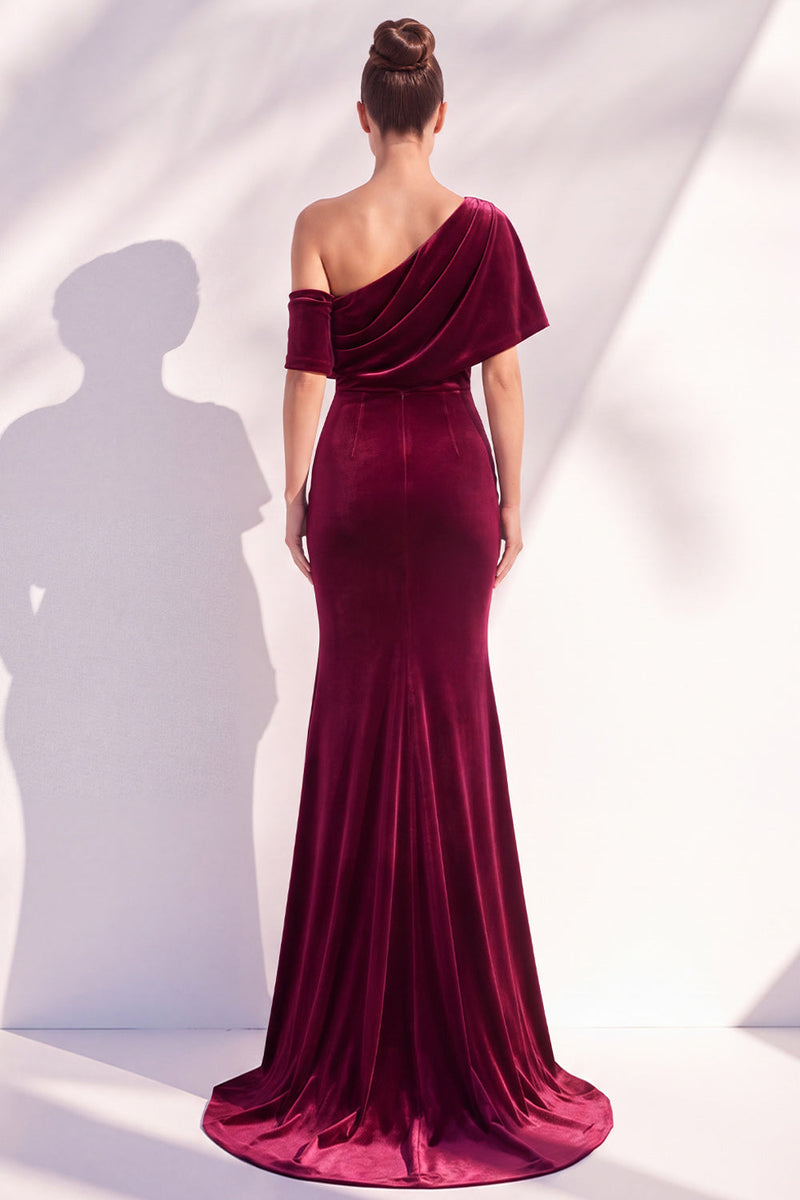 Laden Sie das Bild in den Galerie-Viewer, Burgunderrote Meerjungfrau Geracktes Langes Asymmetrisches Festliches Kleid mit einer Schulter