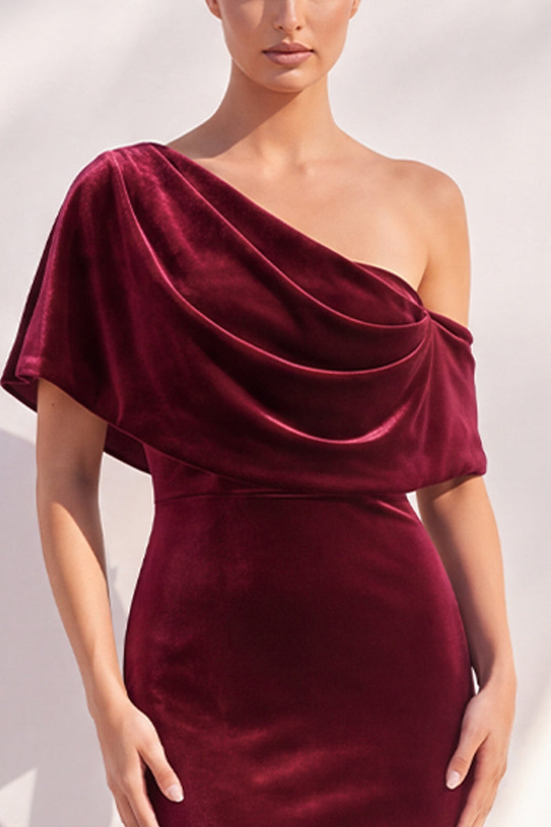 Laden Sie das Bild in den Galerie-Viewer, Burgunderrote Meerjungfrau Geracktes Langes Asymmetrisches Festliches Kleid mit einer Schulter