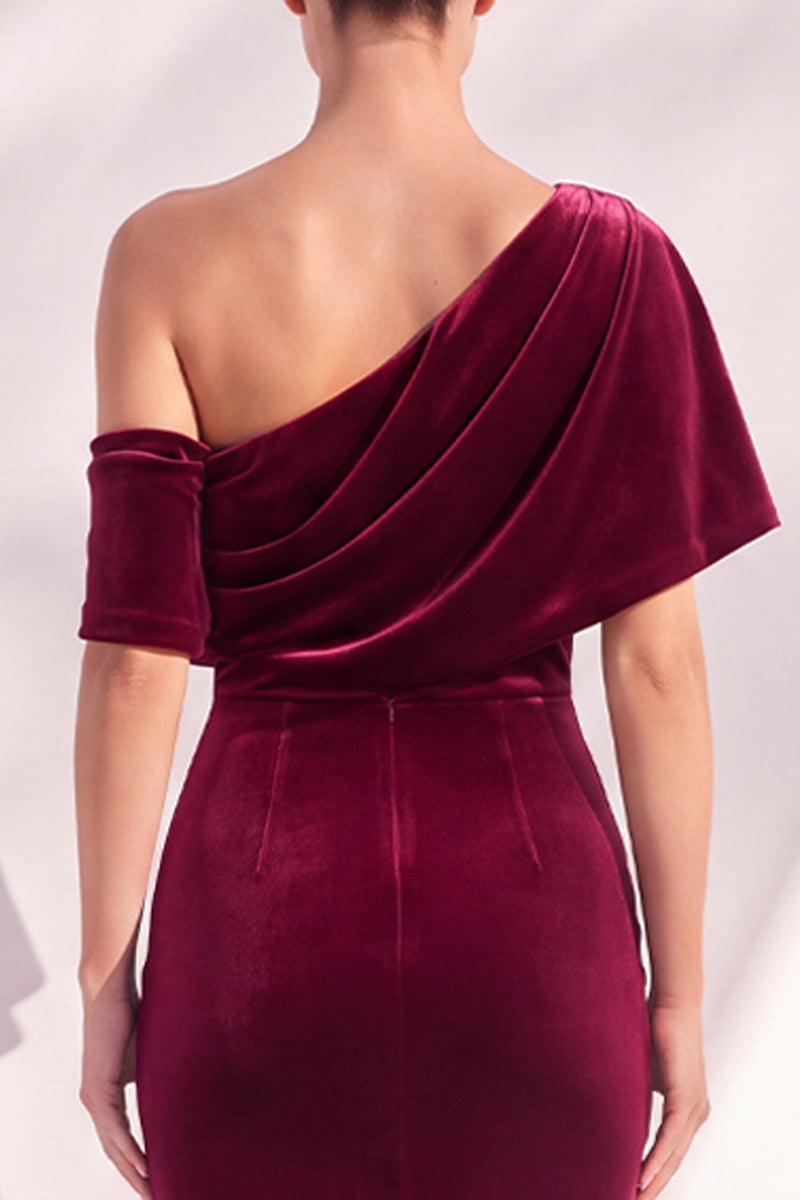 Laden Sie das Bild in den Galerie-Viewer, Burgunderrote Meerjungfrau Geracktes Langes Asymmetrisches Festliches Kleid mit einer Schulter