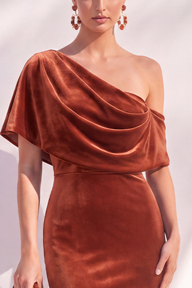 Laden Sie das Bild in den Galerie-Viewer, Burgunderrote Meerjungfrau Geracktes Langes Asymmetrisches Festliches Kleid mit einer Schulter