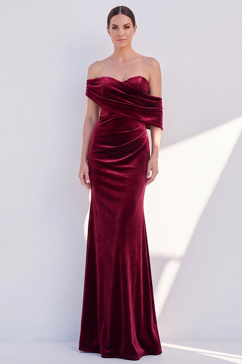 Laden Sie das Bild in den Galerie-Viewer, Burgunder Schulterloses Samt Meerjungfrauen Festkleid
