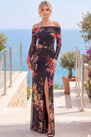 Laden Sie das Bild in den Galerie-Viewer, Rosa Rot Blumiges Trägerloses Scheiden Gefaltetes Festkleid mit Schlitz