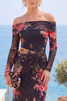 Laden Sie das Bild in den Galerie-Viewer, Rosa Rot Blumiges Trägerloses Scheiden Gefaltetes Festkleid mit Schlitz