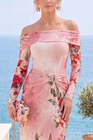 Laden Sie das Bild in den Galerie-Viewer, Rosa Rot Blumiges Trägerloses Scheiden Gefaltetes Festkleid mit Schlitz
