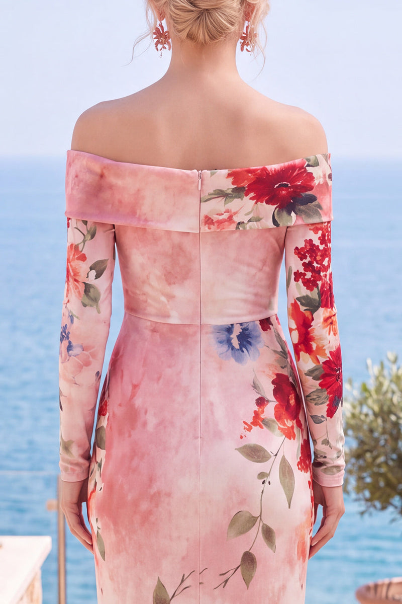 Laden Sie das Bild in den Galerie-Viewer, Rosa Rot Blumiges Trägerloses Scheiden Gefaltetes Festkleid mit Schlitz