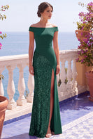 Laden Sie das Bild in den Galerie-Viewer, Champagner Pailletten Meerjungfrauen Langes Festkleid mit Schlitz