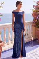 Laden Sie das Bild in den Galerie-Viewer, Champagner Pailletten Meerjungfrauen Langes Festkleid mit Schlitz