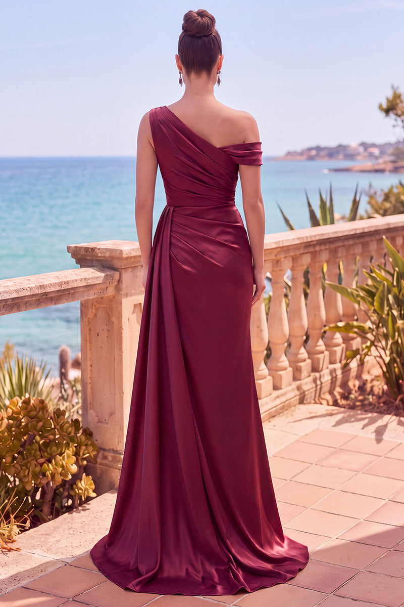 Laden Sie das Bild in den Galerie-Viewer, Marineblaues Asymmetrisches Gerafftes Meerjungfrauen Langes Festliches Kleid mit Seitenband