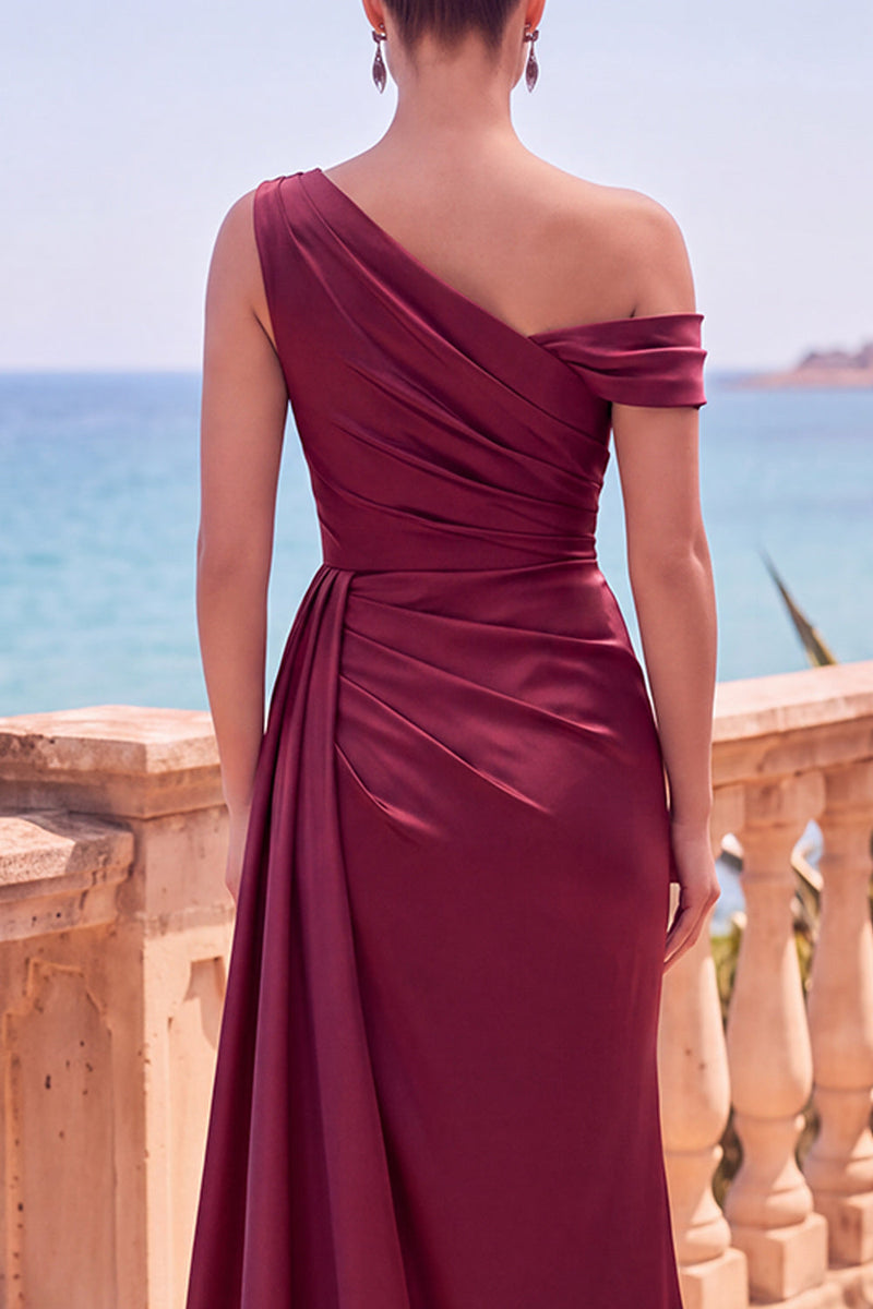 Laden Sie das Bild in den Galerie-Viewer, Marineblaues Asymmetrisches Gerafftes Meerjungfrauen Langes Festliches Kleid mit Seitenband