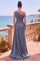 Laden Sie das Bild in den Galerie-Viewer, Marineblaues Asymmetrisches Gerafftes Meerjungfrauen Langes Festliches Kleid mit Seitenband