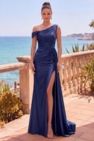 Laden Sie das Bild in den Galerie-Viewer, Marineblaues Asymmetrisches Gerafftes Meerjungfrauen Langes Festliches Kleid mit Seitenband