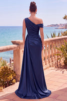 Laden Sie das Bild in den Galerie-Viewer, Marineblaues Asymmetrisches Gerafftes Meerjungfrauen Langes Festliches Kleid mit Seitenband