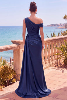 Marineblaues Asymmetrisches Gerafftes Meerjungfrauen Langes Festliches Kleid mit Seitenband