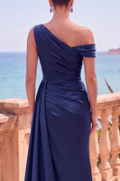 Laden Sie das Bild in den Galerie-Viewer, Marineblaues Asymmetrisches Gerafftes Meerjungfrauen Langes Festliches Kleid mit Seitenband