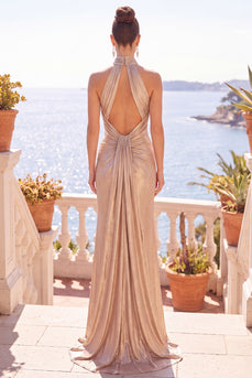 Champagner Halter Scheide Gerafftes Langes Festkleid mit Schleppe