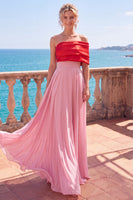 Laden Sie das Bild in den Galerie-Viewer, Schlichtes Pink-rotes Asymmetrisches A-Linie Gerafftes Langes Festkleid