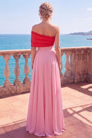 Laden Sie das Bild in den Galerie-Viewer, Schlichtes Pink-rotes Asymmetrisches A-Linie Gerafftes Langes Festkleid