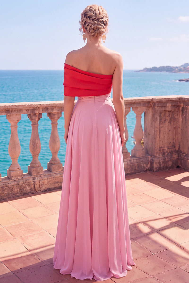 Laden Sie das Bild in den Galerie-Viewer, Schlichtes Pink-rotes Asymmetrisches A-Linie Gerafftes Langes Festkleid