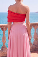 Laden Sie das Bild in den Galerie-Viewer, Schlichtes Pink-rotes Asymmetrisches A-Linie Gerafftes Langes Festkleid