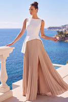 Laden Sie das Bild in den Galerie-Viewer, Weißes und Champagnerisch Plissiertes A-Linie Bateau-Hals Langes Formelles Kleid