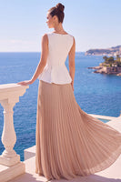 Laden Sie das Bild in den Galerie-Viewer, Weißes und Champagnerisch Plissiertes A-Linie Bateau-Hals Langes Formelles Kleid