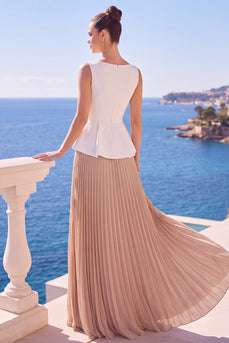 Weißes und Champagnerisch Plissiertes A-Linie Bateau-Hals Langes Formelles Kleid