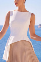 Laden Sie das Bild in den Galerie-Viewer, Weißes und Champagnerisch Plissiertes A-Linie Bateau-Hals Langes Formelles Kleid