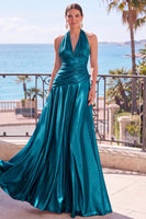 Laden Sie das Bild in den Galerie-Viewer, Champagner Metallisches A-Linie Satinhalter Gerafftes Langes Festkleid