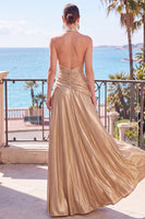 Laden Sie das Bild in den Galerie-Viewer, Champagner Metallisches A-Linie Satinhalter Gerafftes Langes Festkleid